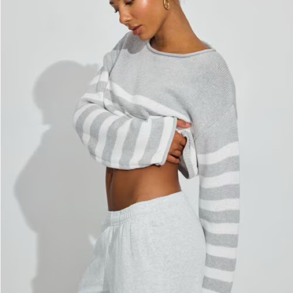 Garage Gray and White Women's Crew Neck Sweater